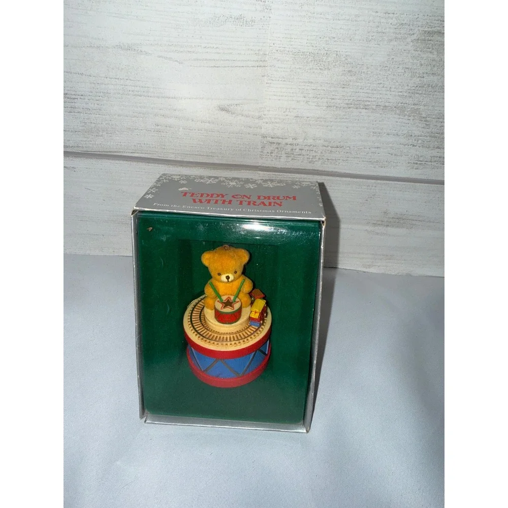 Enesco Teddy on Drum with Train Christmas Ornament Vintage Treasury Collection